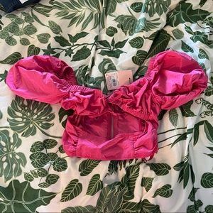 MISSGUIDED hot pink tie bust front cutout cap sleeve crop top